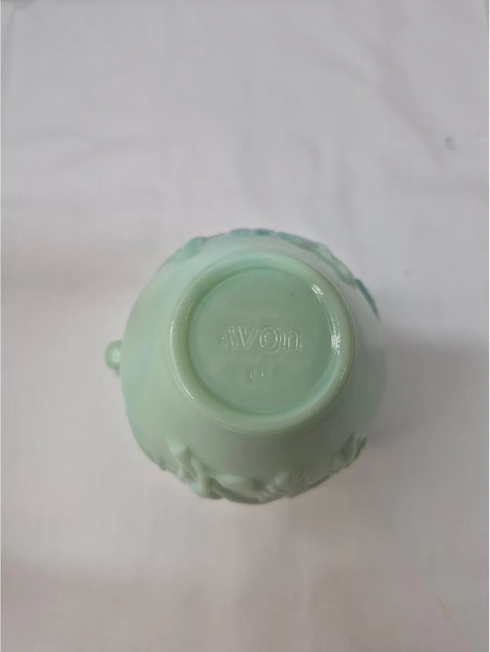 Vintage Avon Light Green Milk Glass Pitcher with Raised Floral Design J36